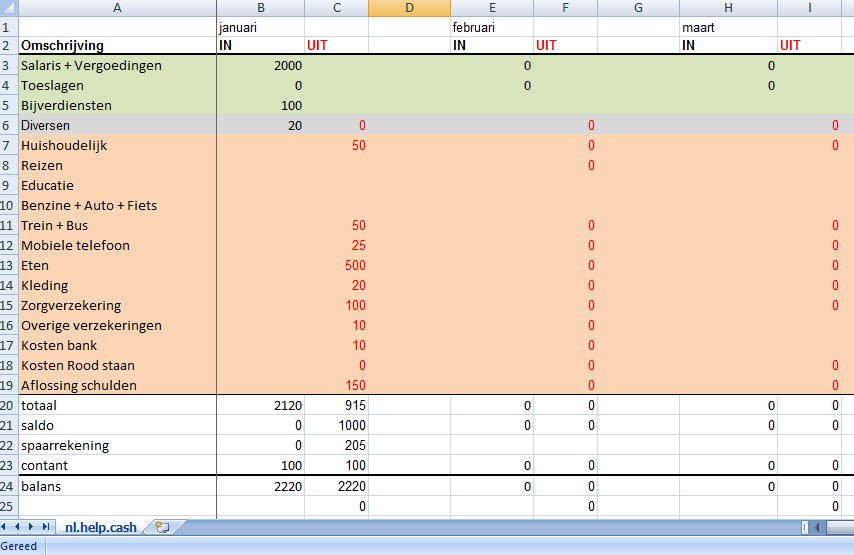 Screenshot Huishoudboekje in Excel